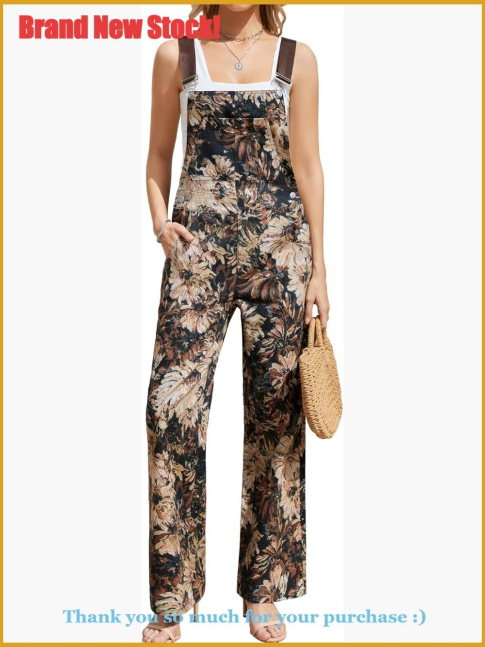 Floral Print Overalls for Women Loose Fit Straight Leg Jumpsuits